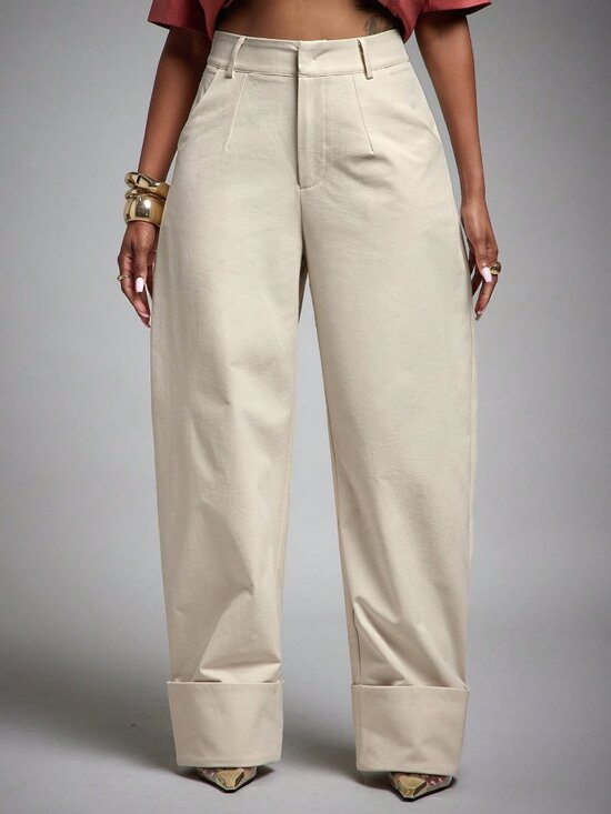 Pants - Beige Casual Women's High Waist Fold Over Cuffed Hem Barrel Leg Trousers